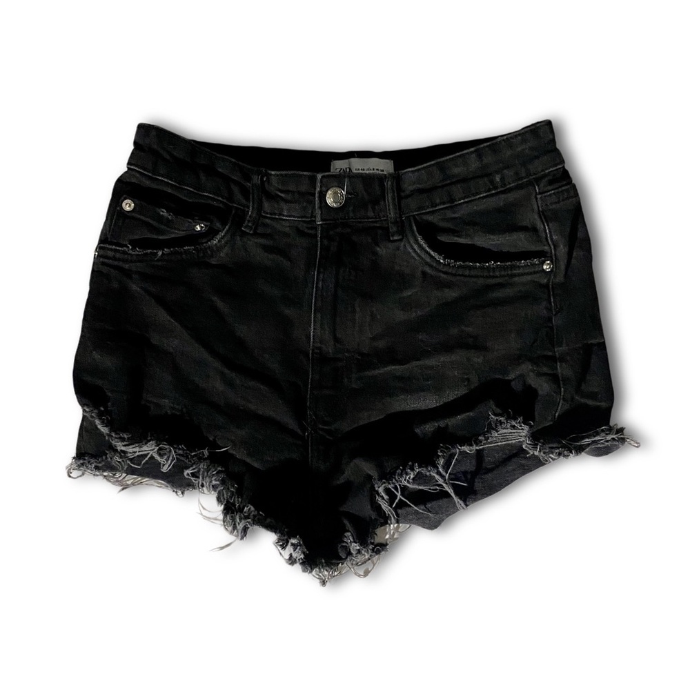 Zara High-Rise Distressed Black Denim Shorts - Womens Sz 8